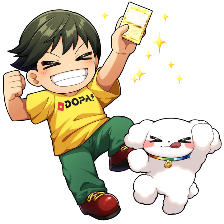 カードを当てたDOPA!くんとチャンスくん