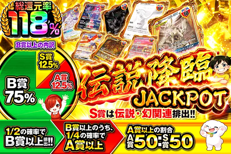 伝説降臨 JACKPOT のガチャサムネイル。S賞は伝説・幻関連が排出。1/2の確率でB賞以上、そのうち1/4でA賞以上。