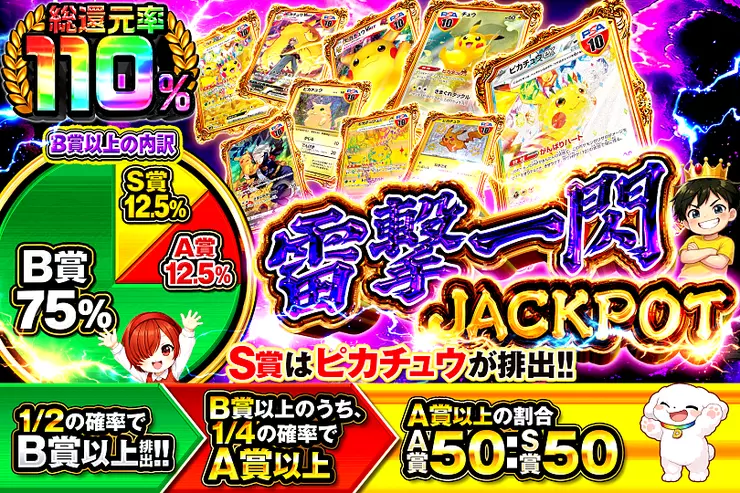 雷撃一閃 JACKPOT のガチャサムネイル。S賞はピカチュウが排出。1/2の確率でB賞以上、そのうち1/4でA賞以上。