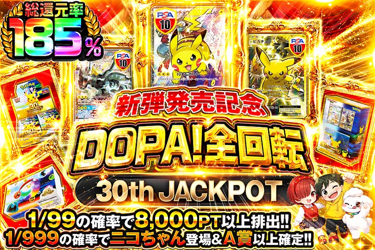 新弾発売記念 DOPA!全回転 30th JACKPOT のガチャサムネイル。1/99の確率で8,000PT以上が排出。1/999の確率でニコちゃんが登場しA賞以上が確定。